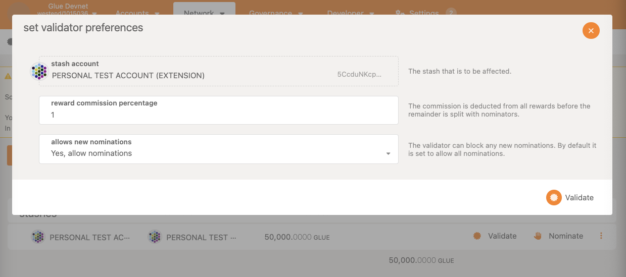 Screenshot of the form to set validator preferences