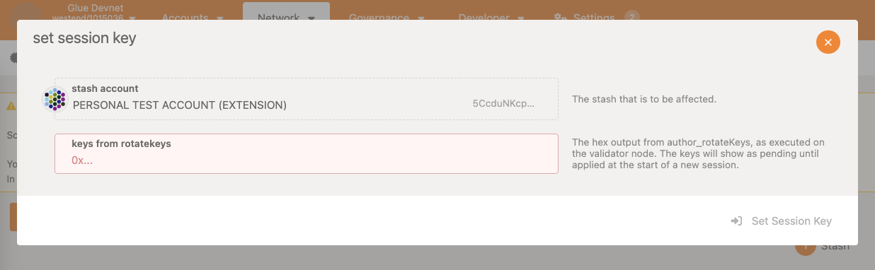 Screenshot of the form to set session keys