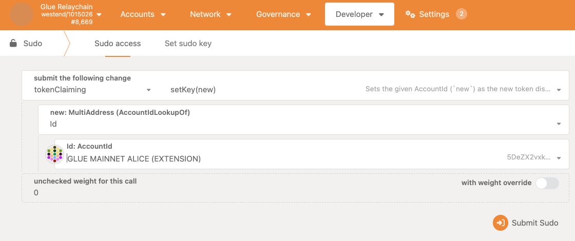 Screenshot of the setKey extrinsic